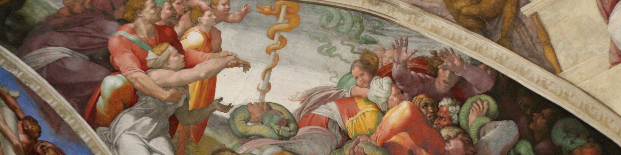 Erección de la serpiente de bronce. De Miguel Ángel. En la Capilla Sixtina, pintada entre 1508-1512.